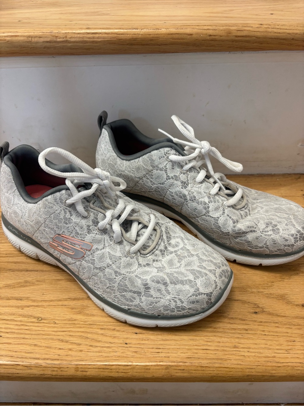 Skechers Women's Light Gray Lace-Pattern Slip-On Athletic Sneakers